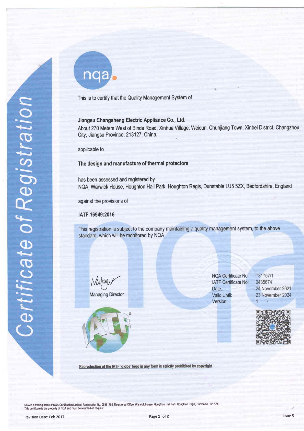 Design and manufacture certificate of thermal protector